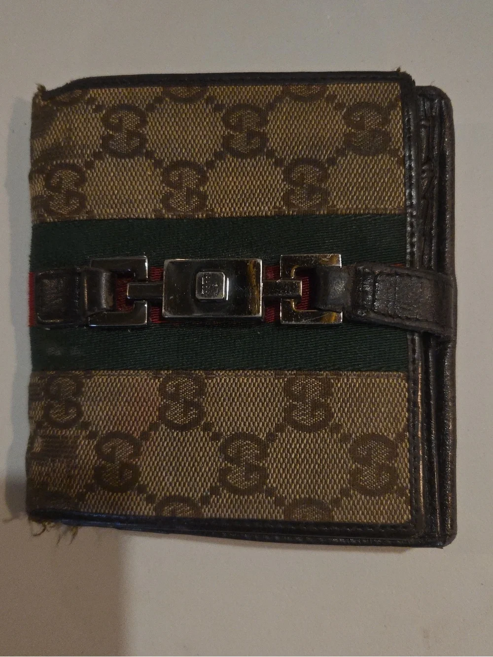 Gucci Brown GG Canvas Bifold Wallet with Green Web Stripe and Silver Hardware